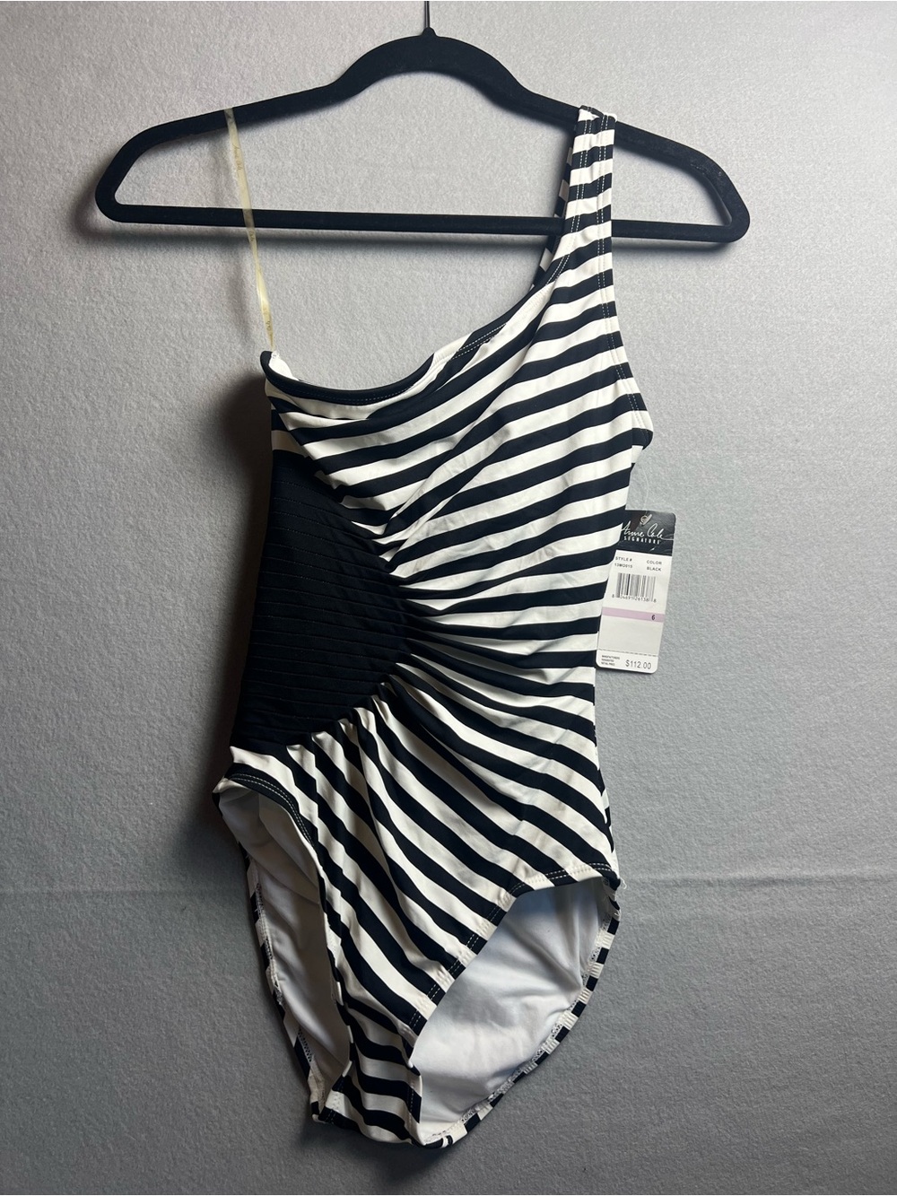 Anne Cole Black and White Striped One-Shoulder Swimsuit